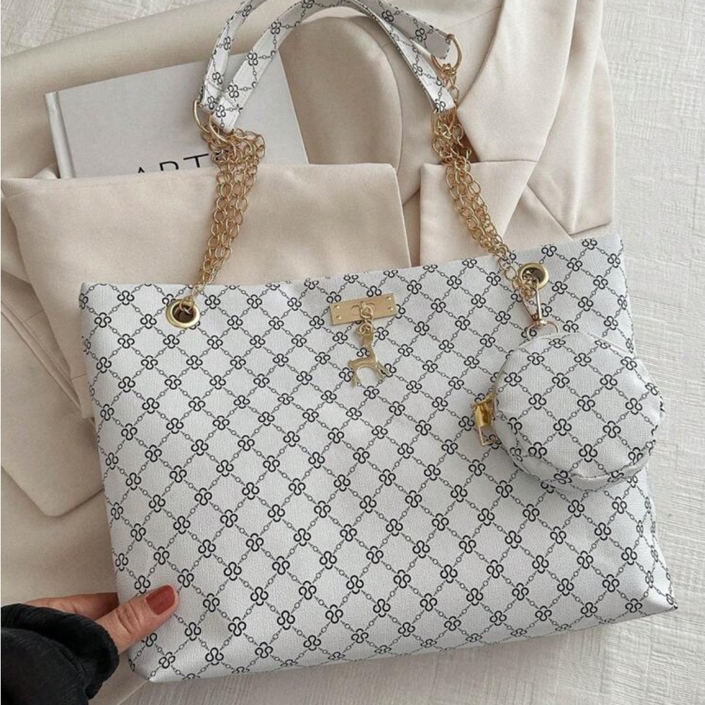 ⚠️Clearance Chain Shoulder Tote Bag Elegant White Patterned Bag with Gold Chain - Picture 7 of 11
